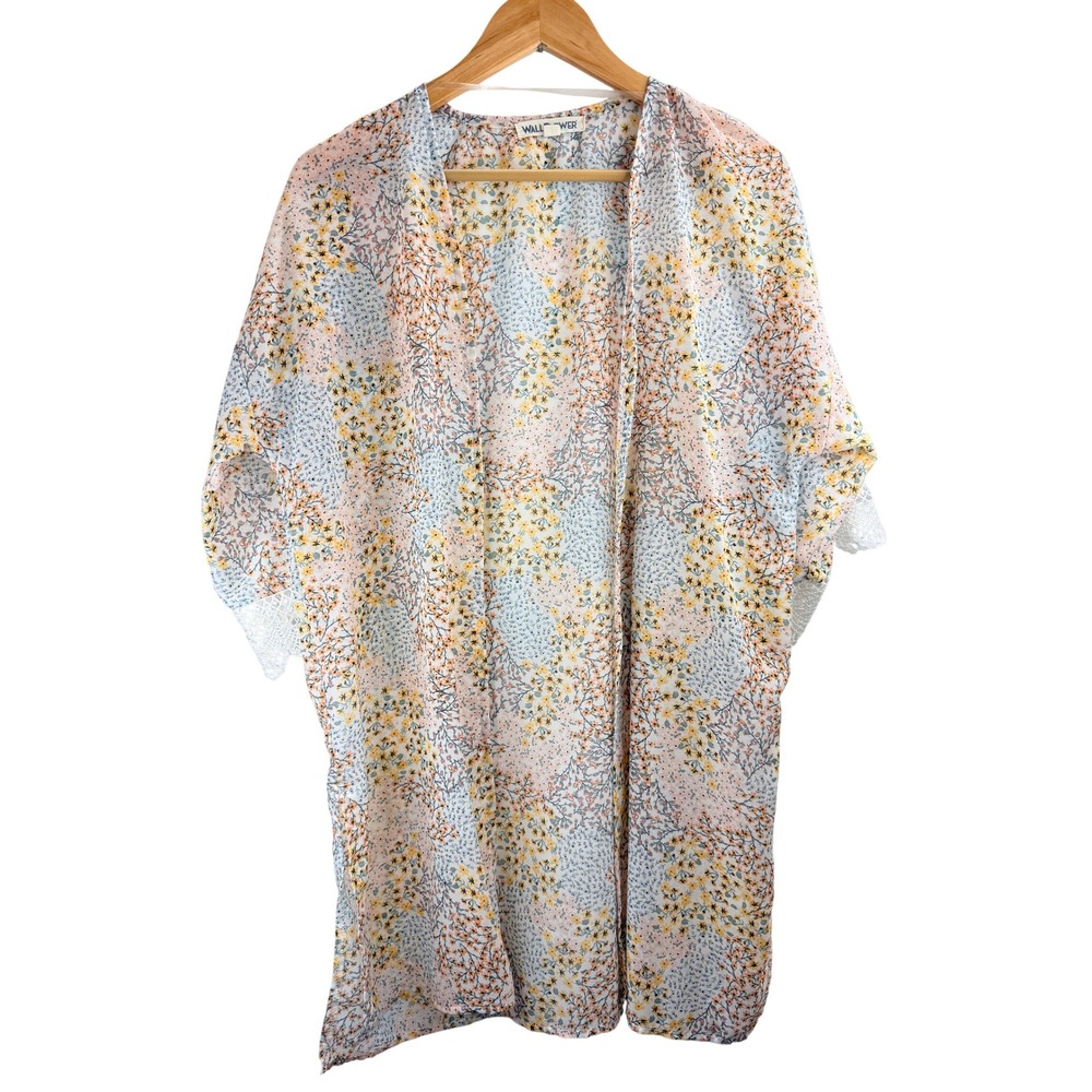 WALLFLOWER‎ Floral Print Kimono Cardigan Lightweight Lace Sleeve Women's M Boho